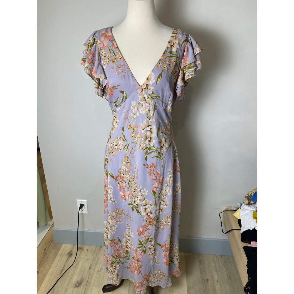 Taylor Vintage 90s Lavender Floral Maxi Dress Ruffle Flutter Sleeve Purple L